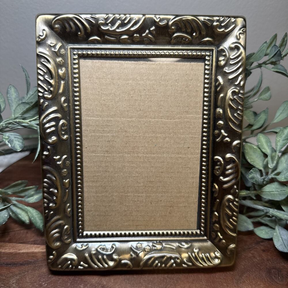 Vtg Ornate Gold Tone Metal Picture Frame Embossed Floral Scroll 4.5 x 3.25 in